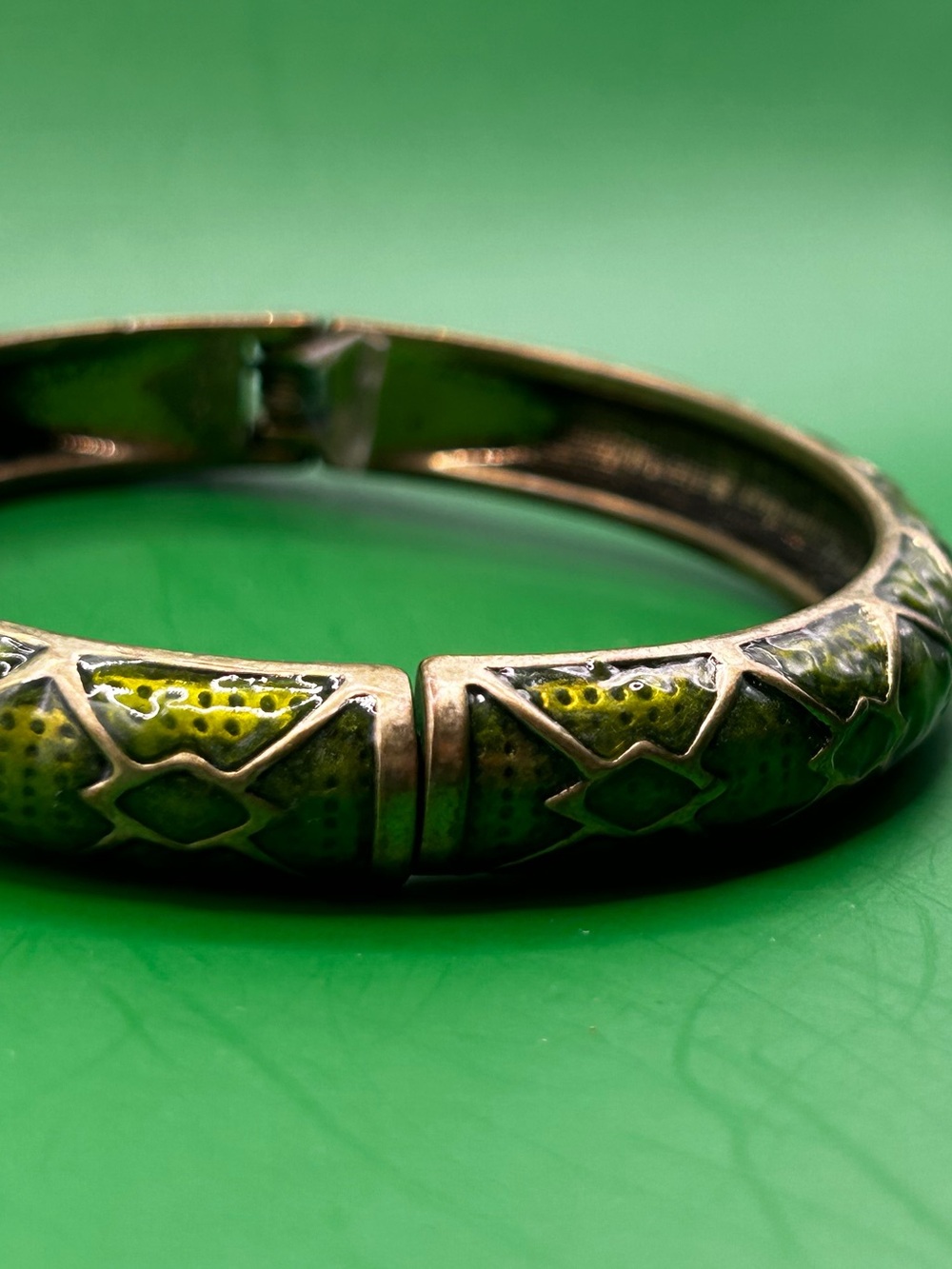 Green Enamel Silver-Tone Hinged Bangle Bracelet